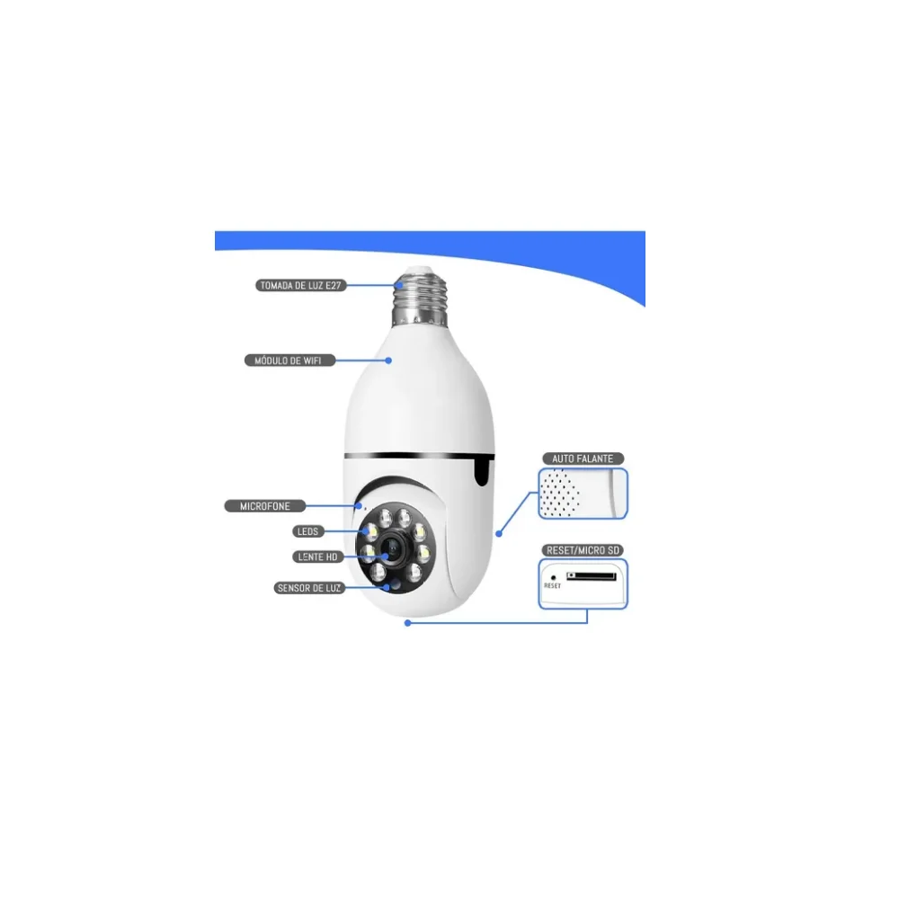 Câmera De Segurança Durawell Giratória Ip Wireless Sem Fio Wi-fi Lente: 3.6mm Bocal E27 Visão Noturna Led Infravermelho Detecta Movimento Full Hd