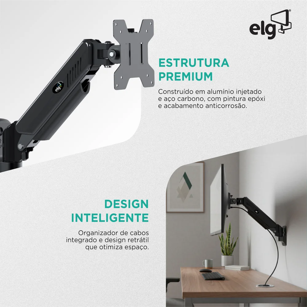 Imagem 2 de 5 do produto Suporte Articulado ELG F410, De Parede, VESA 75x75, 100x100, Pistão À Gás, Para Monitor De 17 A 34