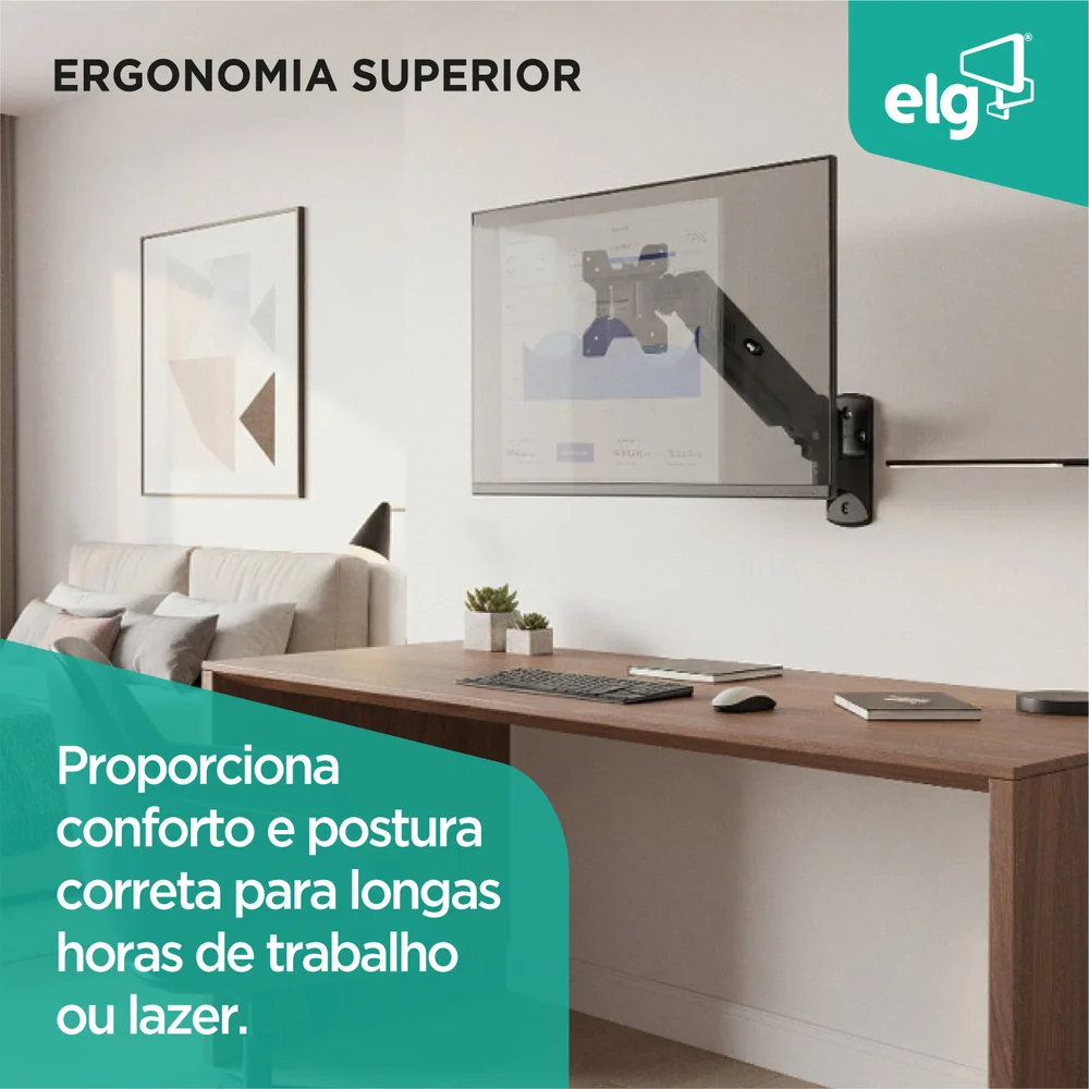 Imagem 3 de 5 do produto Suporte Articulado ELG F410, De Parede, VESA 75x75, 100x100, Pistão À Gás, Para Monitor De 17 A 34