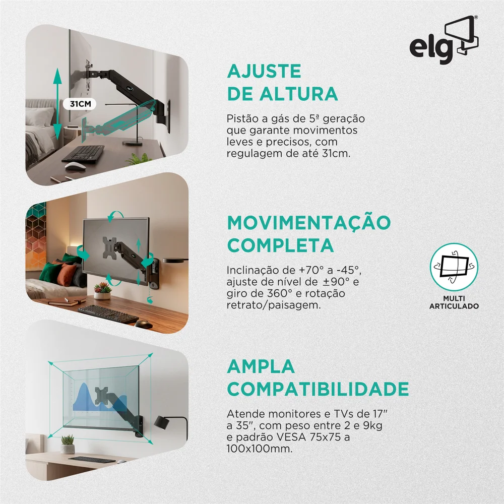 Imagem 4 de 5 do produto Suporte Articulado ELG F410, De Parede, VESA 75x75, 100x100, Pistão À Gás, Para Monitor De 17 A 34