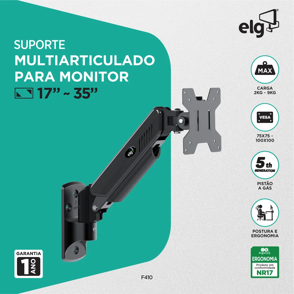 Imagem 5 de 5 do produto Suporte Articulado ELG F410, De Parede, VESA 75x75, 100x100, Pistão À Gás, Para Monitor De 17 A 34