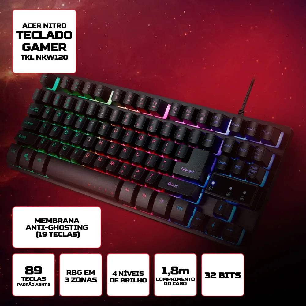 Imagem 3 de 4 do produto Teclado Gamer Acer Nitro TKL, RGB Led Rainbow, Anti-Ghosting, ABNT2, USB - NKW120