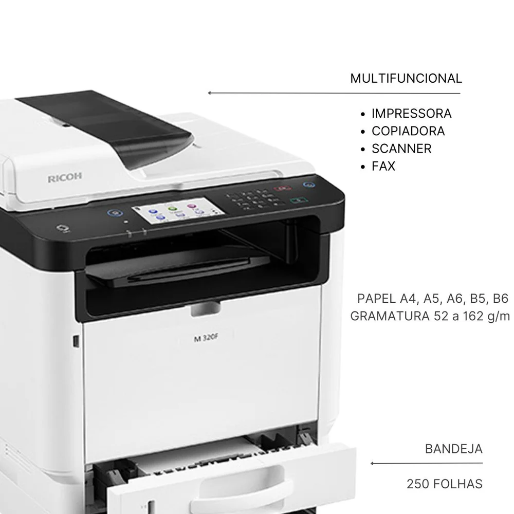 Imagem 4 de 5 do produto Impressora  Multifuncional Laser Ricoh Mp320f, Preto e branco, Mono, USB, Ethernet,  Duplex, 110v