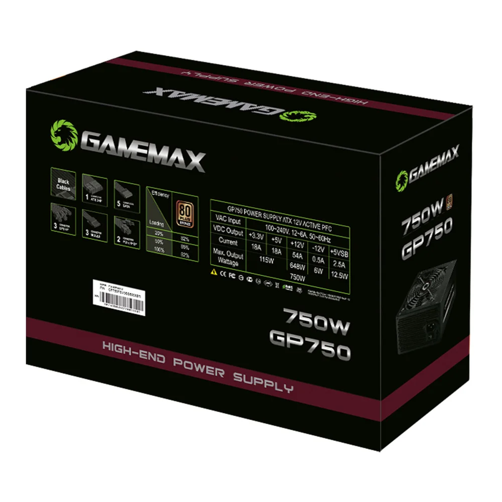 Imagem 5 de 5 do produto Fonte Gamemax ATX, 750W, 80 Plus Bronze, PFC Ativo, Preta - GP750