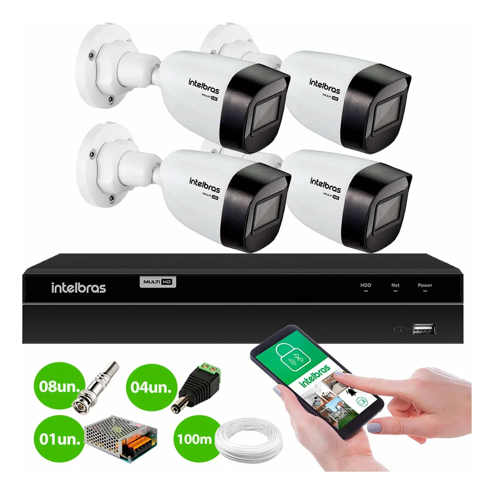 Kit 4 Câmeras Intelbras Vhd 1130 B Hd 720p Bullet Com Lente 2.8mm Visão Noturna 30m Resistente À Chuva Ip67 + Dvr Intelbras Mhdx 1204 4 Canais