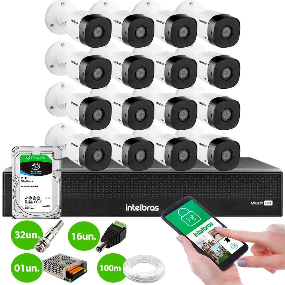 Kit 16 Câmeras Intelbras Vhd 1230 B Full Hd 1080p Bullet Visão Noturna De 30 Metros Ip67 + Dvr Intelbras Mhdx 3116-c 16 Canais + Hd Skyhawk 2TB