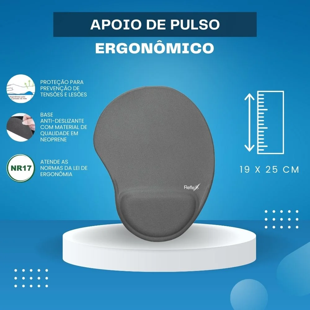 Kit Reflex com 5 unidades de Mouse Pad, Com Apoio Ergonômico, 19x25CM, Cinza