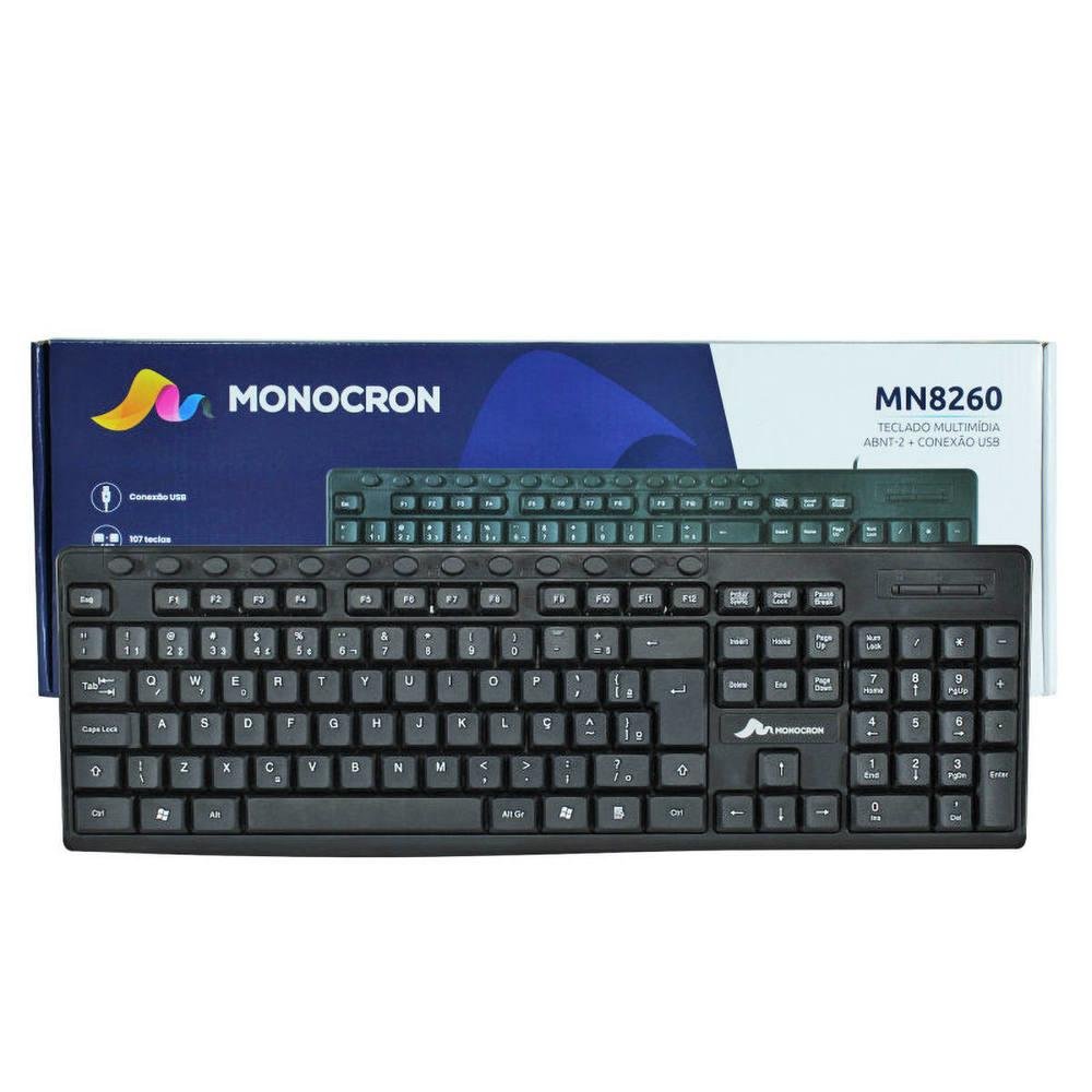 Imagem 2 de 4 do produto Teclado Monocron Office, 13 Teclas Multimídia, Plug and Play, ABNT2, Preto - Mn8260