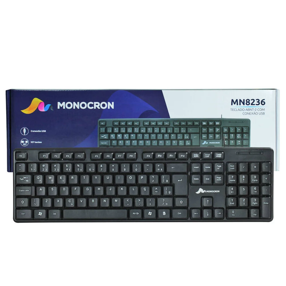 Imagem 2 de 4 do produto Teclado Usb Padrão Abnt2 107 Teclas Mn8236 Monocron Preto