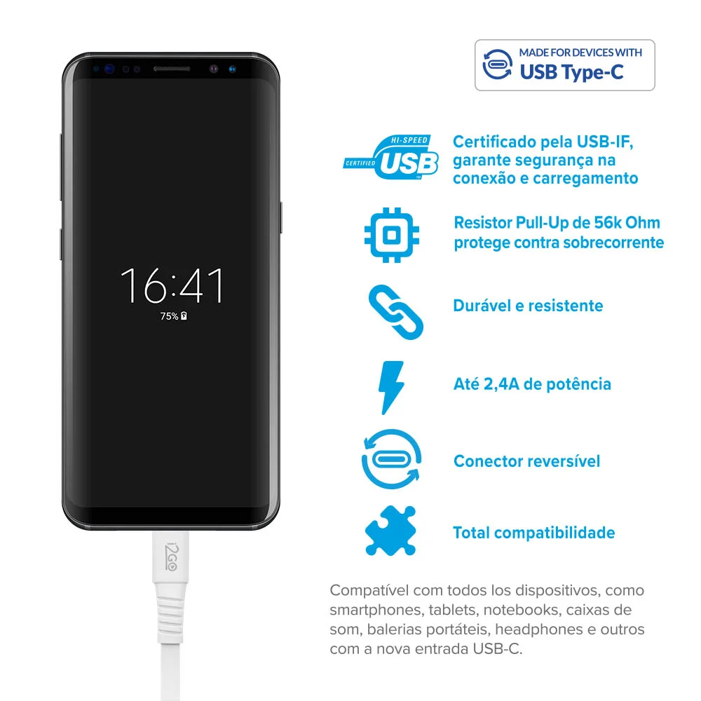 Imagem 3 de 3 do produto Cabo Usb-c I2go 1,2m 2,4a Flat Branco