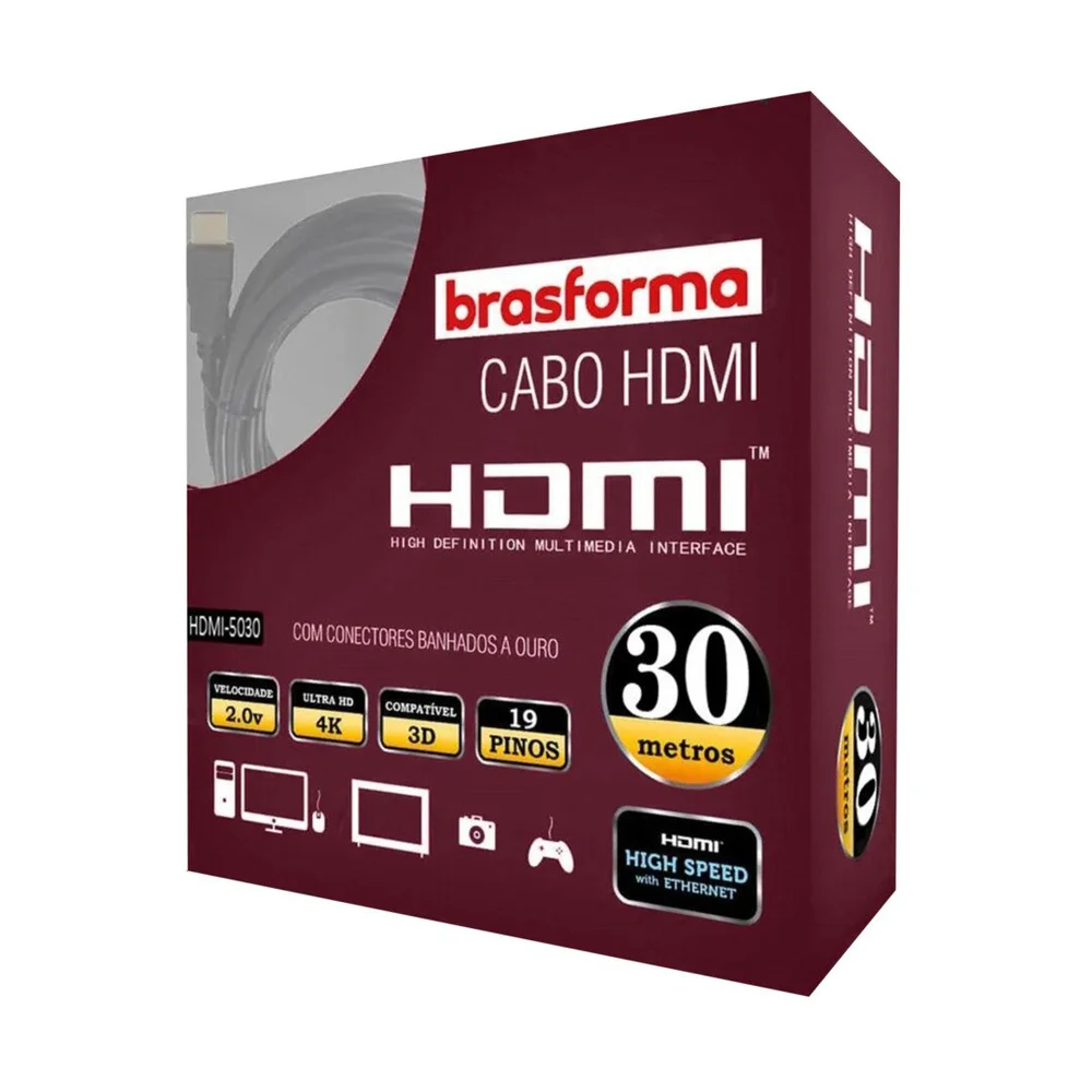 Imagem 3 de 3 do produto Cabo Brasforma, HDMI De Alta Definição 2.0 Com 30m, HDMI-5030 Unica U