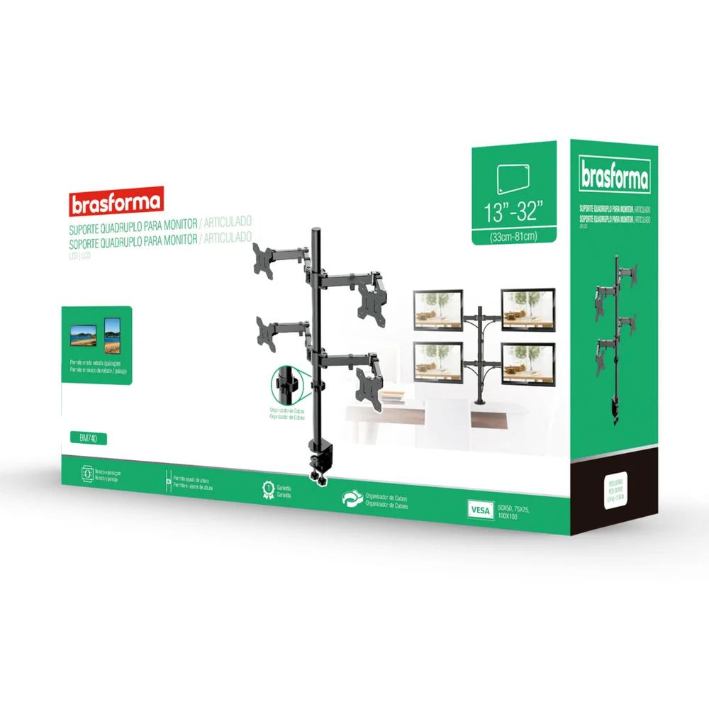 Imagem 3 de 5 do produto Suporte Articulado Para 4 Monitores De 13 A 32 Brasforma, LED E LCD  - BM740