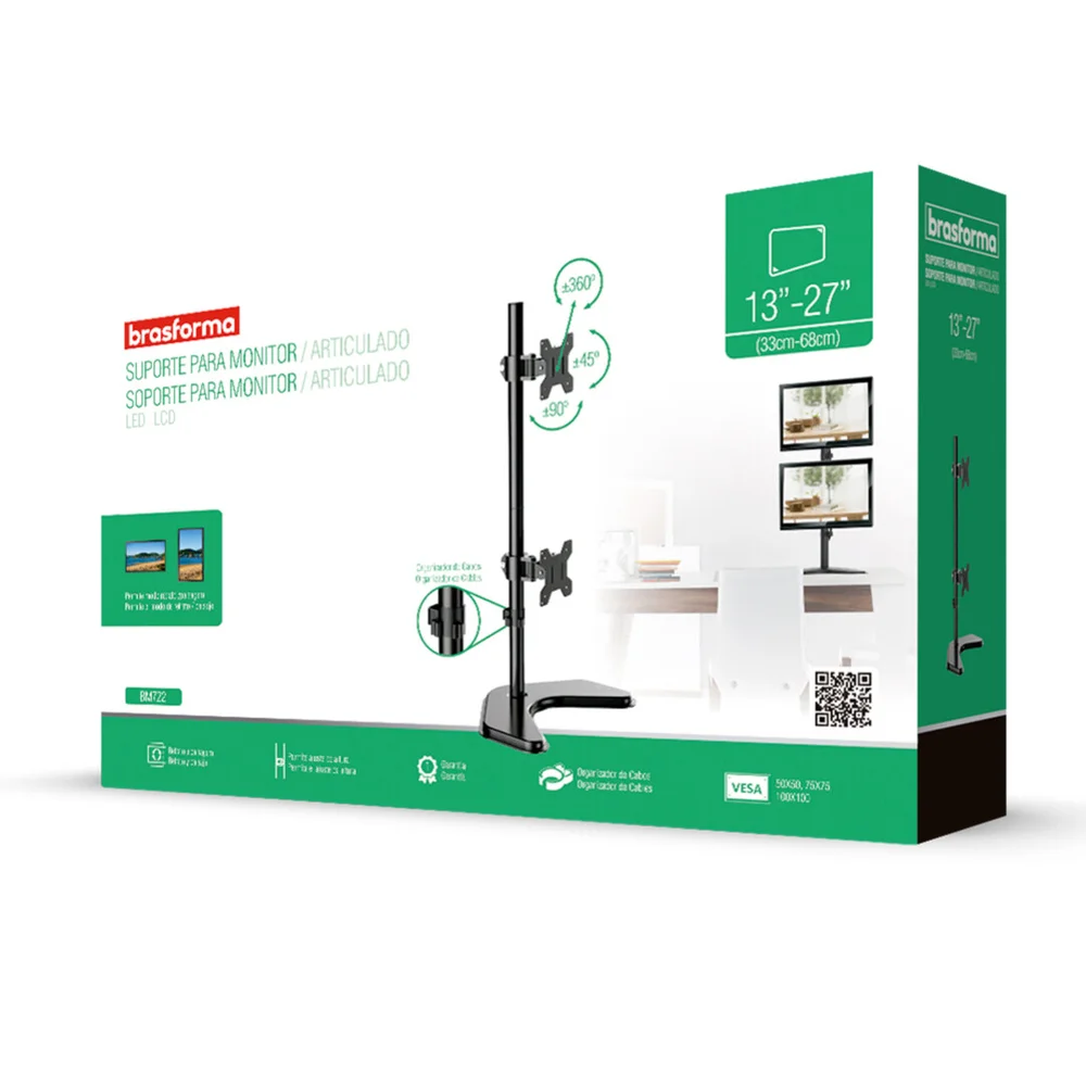 Imagem 2 de 4 do produto Suporte Para 2 Monitores, 10pol Até 27pol, Brasforma De Mesa, Vertical - Bm722