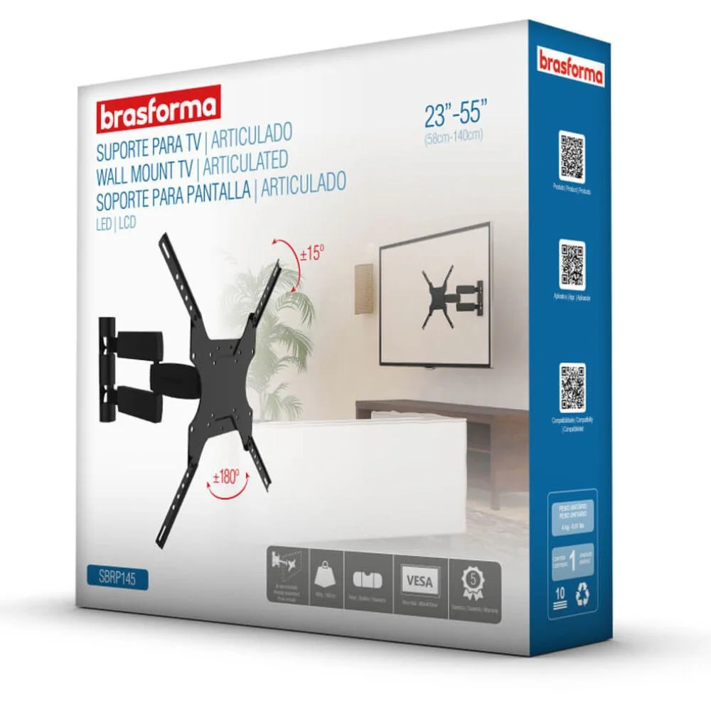 Imagem 5 de 5 do produto Suporte para TV Brasforma Sbrp145, 23pol Até 55pol, Tri-articulado, Preto