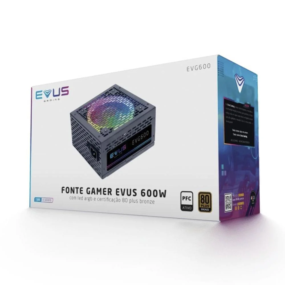 Fonte Evus ATX Gamer, 600W, 80 Plus Bronze, ARGB Fonte Evus ATX Gamer, 600W, 80 Plus Bronze, ARGB
