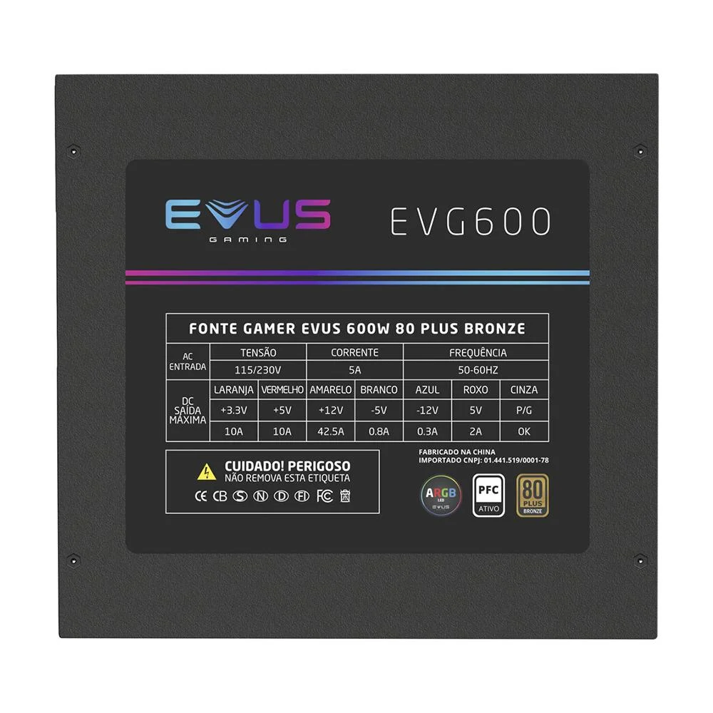 Fonte Evus ATX Gamer, 600W, 80 Plus Bronze, ARGB Fonte Evus ATX Gamer, 600W, 80 Plus Bronze, ARGB