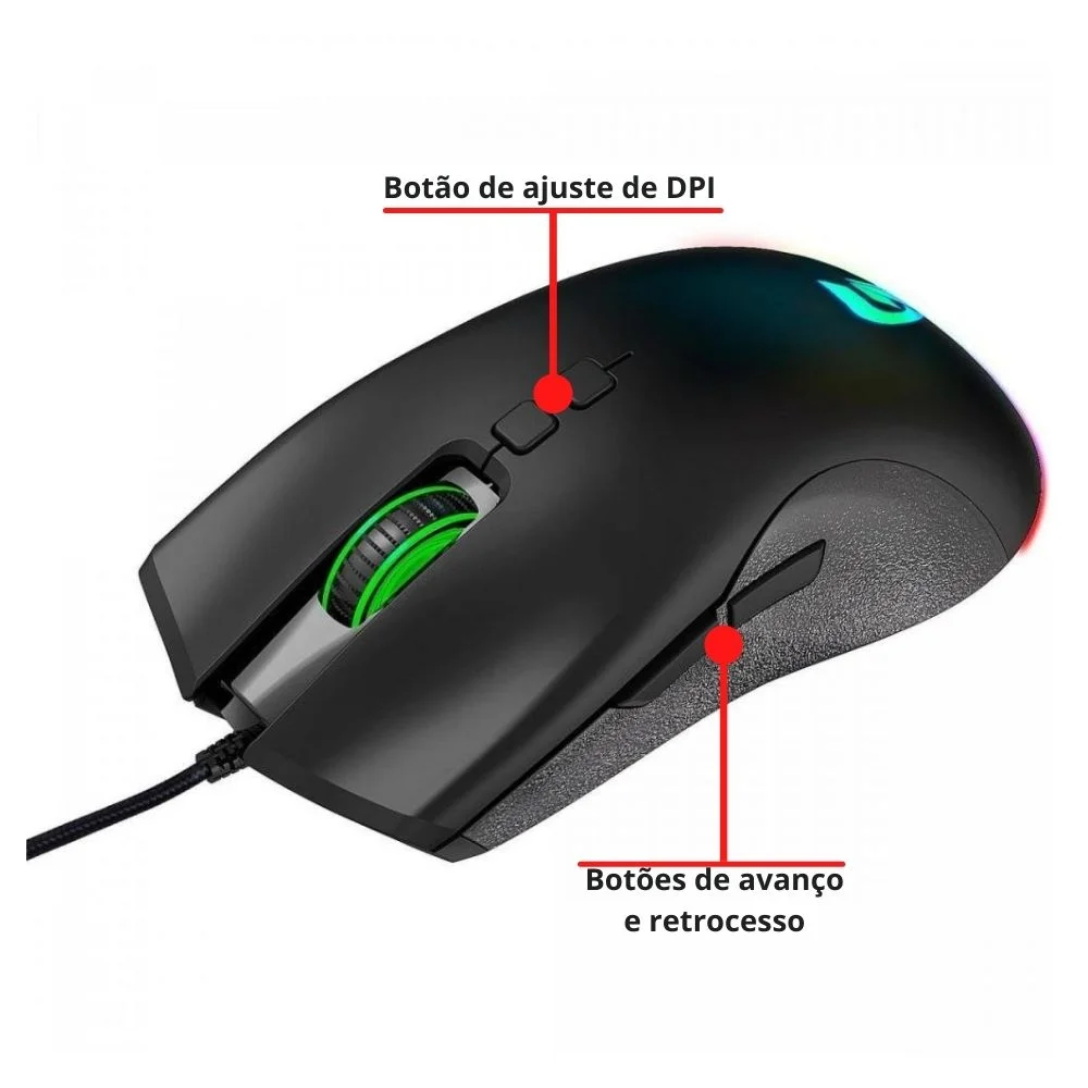 Imagem 4 de 5 do produto Mouse Gamer Fortrek Blackfire, LED RGB, 7200DPI, Switch Huano, 6 Botões, USB, Preto - 75683.
