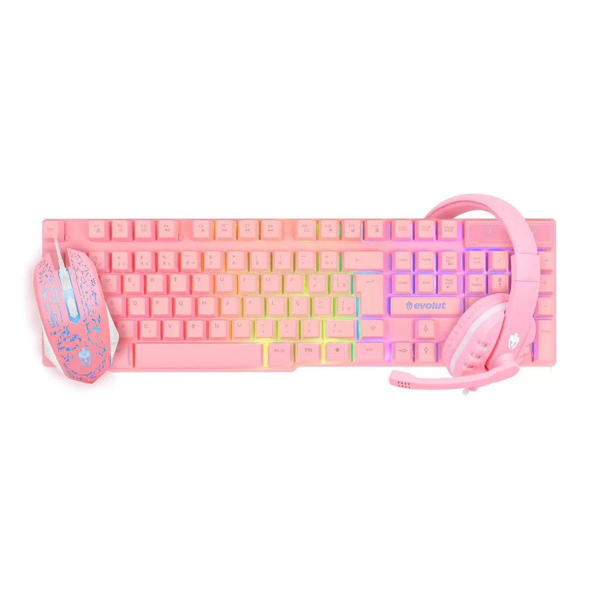 Kit Gamer Evolut Eg-53 Mouse, Teclado E Headset, Rosa