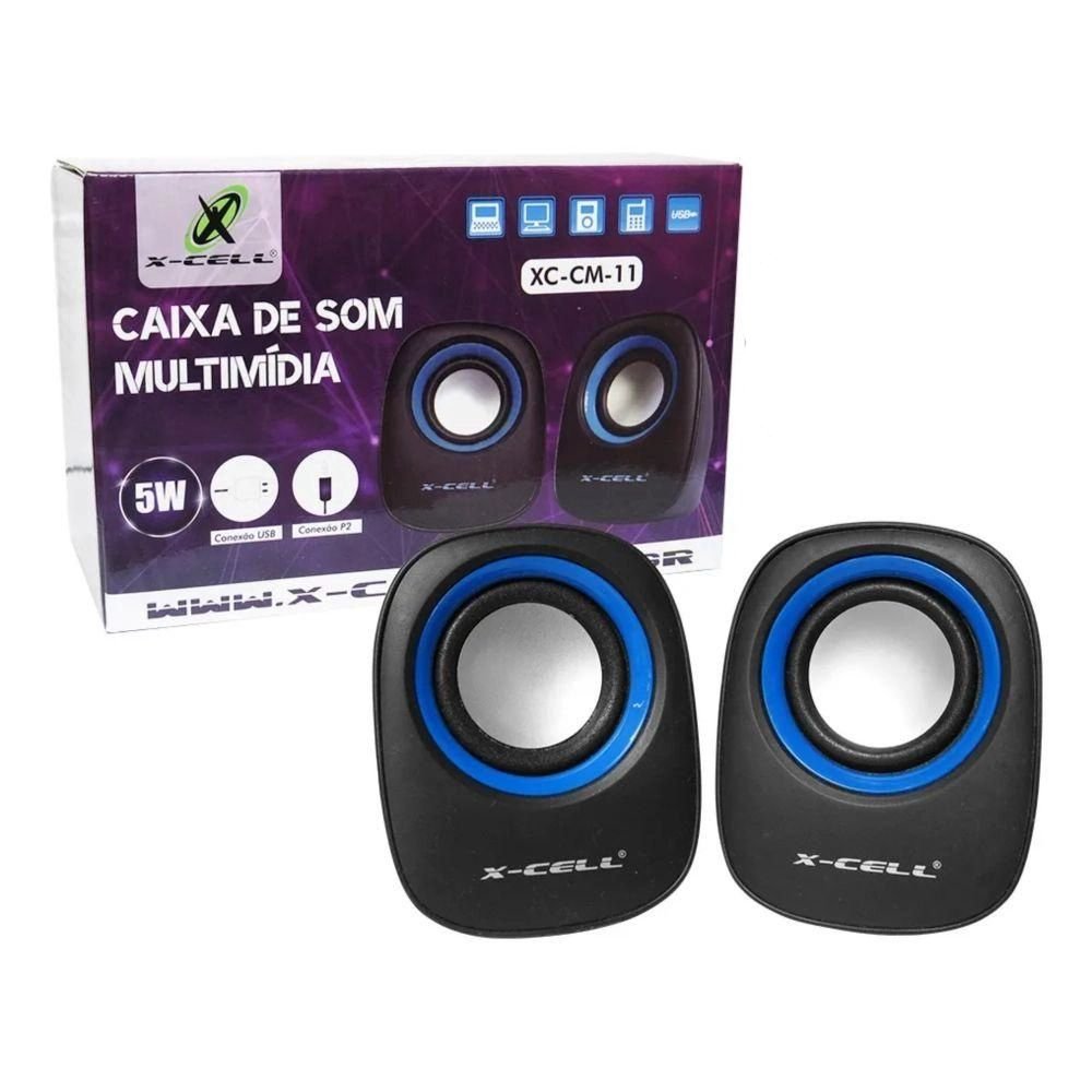 Caixa De Som Portátil  X-cell 5W, USB, P2, Para PC e Notebook, Controle De Volume, Preto e Azul