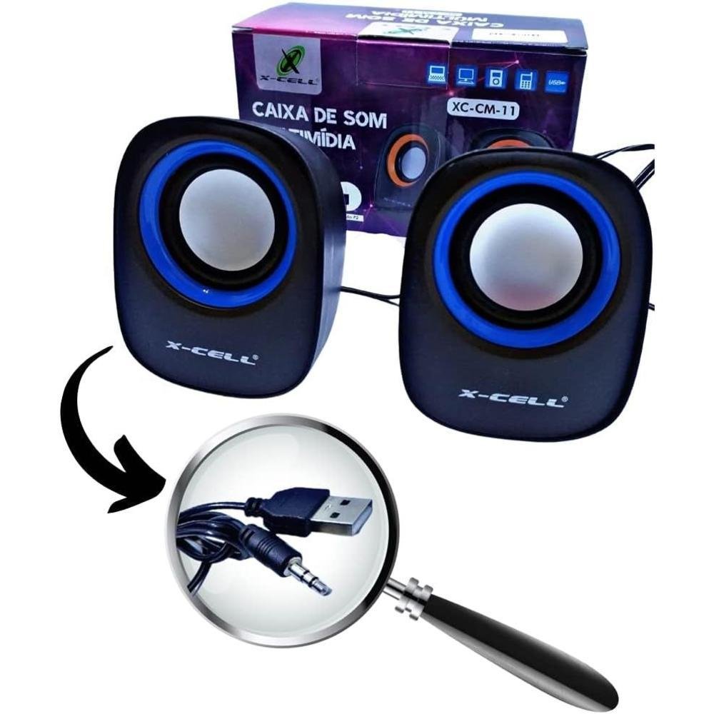 Caixa De Som Portátil X-cell 5W, USB, P2, Para PC e Notebook, Controle De Volume, Preto e Azul Caixa De Som Portátil X-cell 5W, USB, P2, Para PC e Notebook, Controle De Volume, Preto e Azul