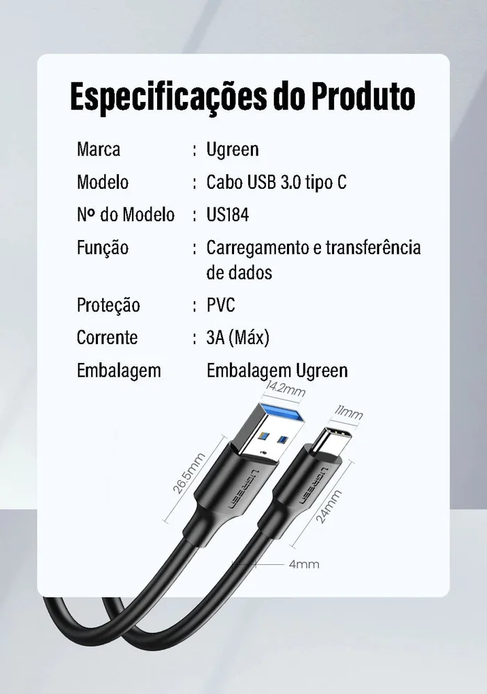 Imagem 2 de 5 do produto Ugreen Cabo Celular Tablet Usb C Macho 3.0 Usb A 5gbps 1.5m