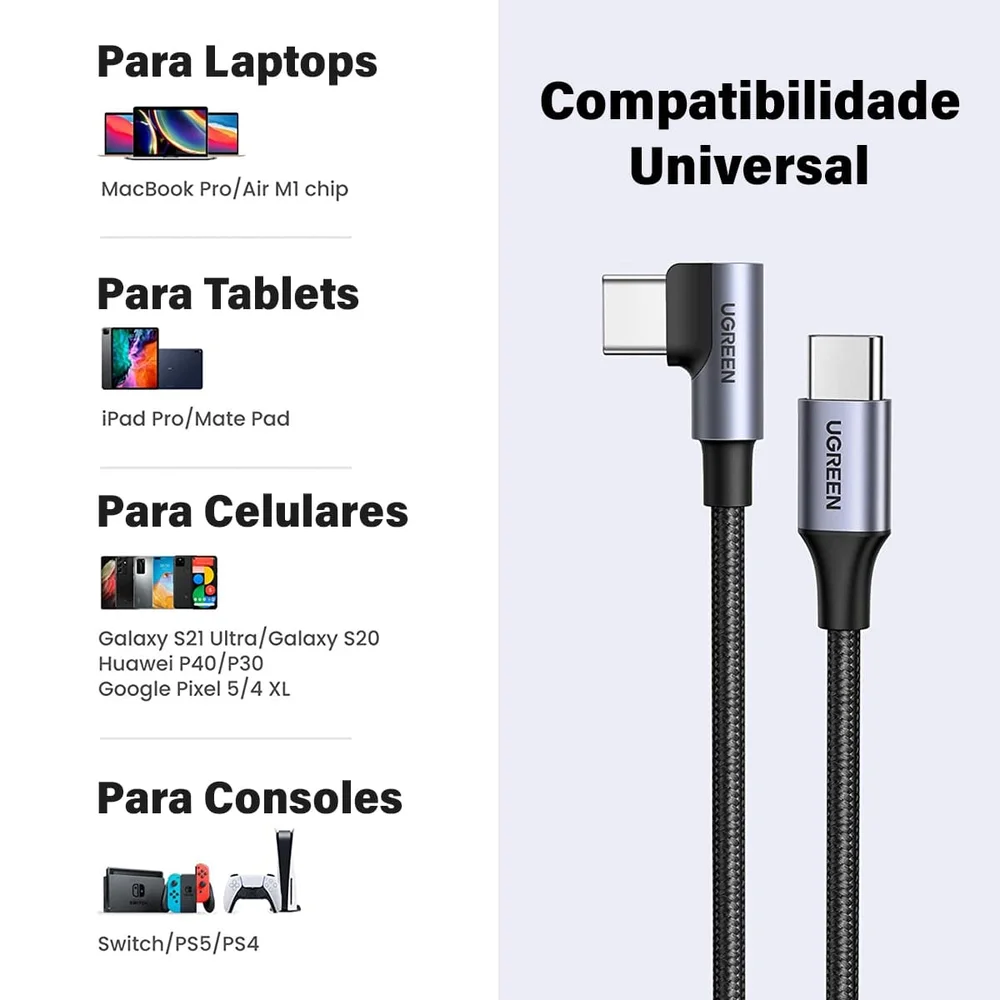 Imagem 2 de 5 do produto Ugreen Cabo Celular Usb C 90 2.0 Turbo 3a Android 1m