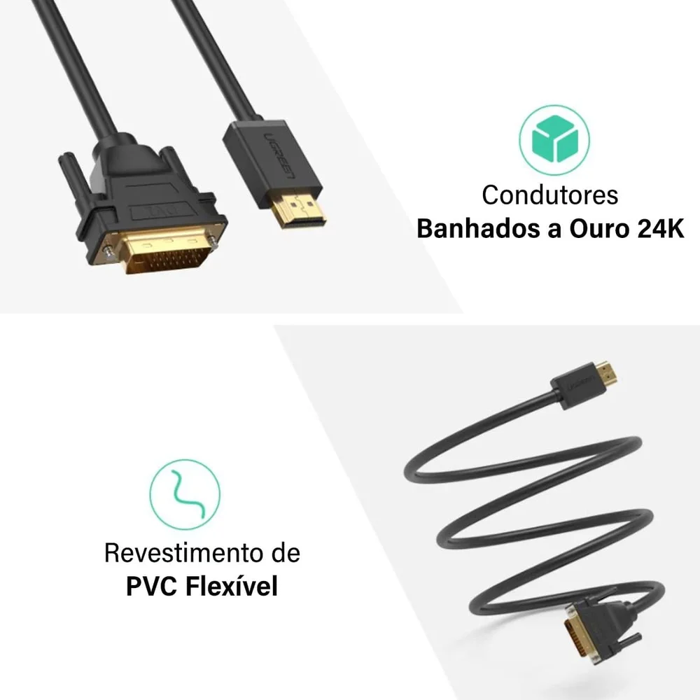 Imagem 3 de 5 do produto Cabo Ugreen HDMI Para DVI D 24+1 Macho, Blindado, Monitor, 5M