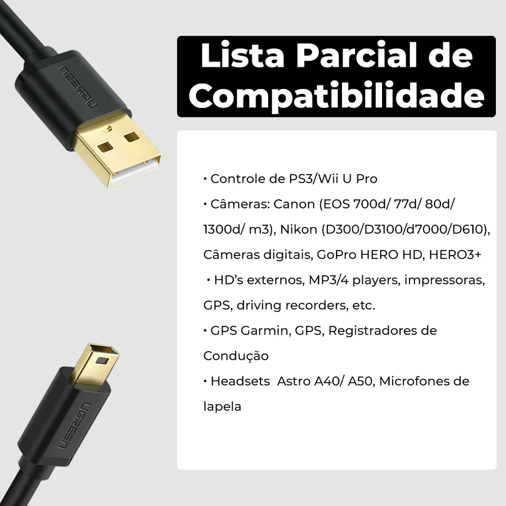 Imagem 2 de 5 do produto Cabo Mini USB B 2.0 V3 Ps3 Ugreen Gps Canon T Blue Yeti 1.5m