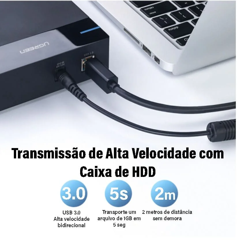 Imagem 4 de 5 do produto Cabo USB B 3.0 Ugreen HD Externo Monitor Gamer 2m