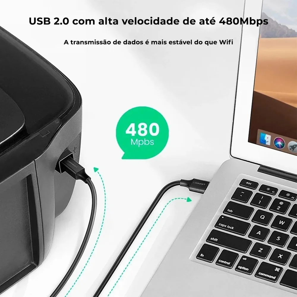Imagem 3 de 4 do produto Cabo USB B 2.0 Ugreen Impressora Universal Hp Epson 2m