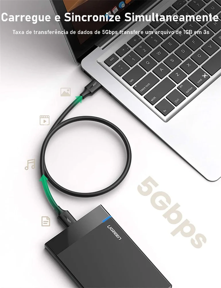 Imagem 3 de 5 do produto Ugreen Cabo Micro Usb B 3.0 5GBps Samsung S5 Note3 Hd 50cm
