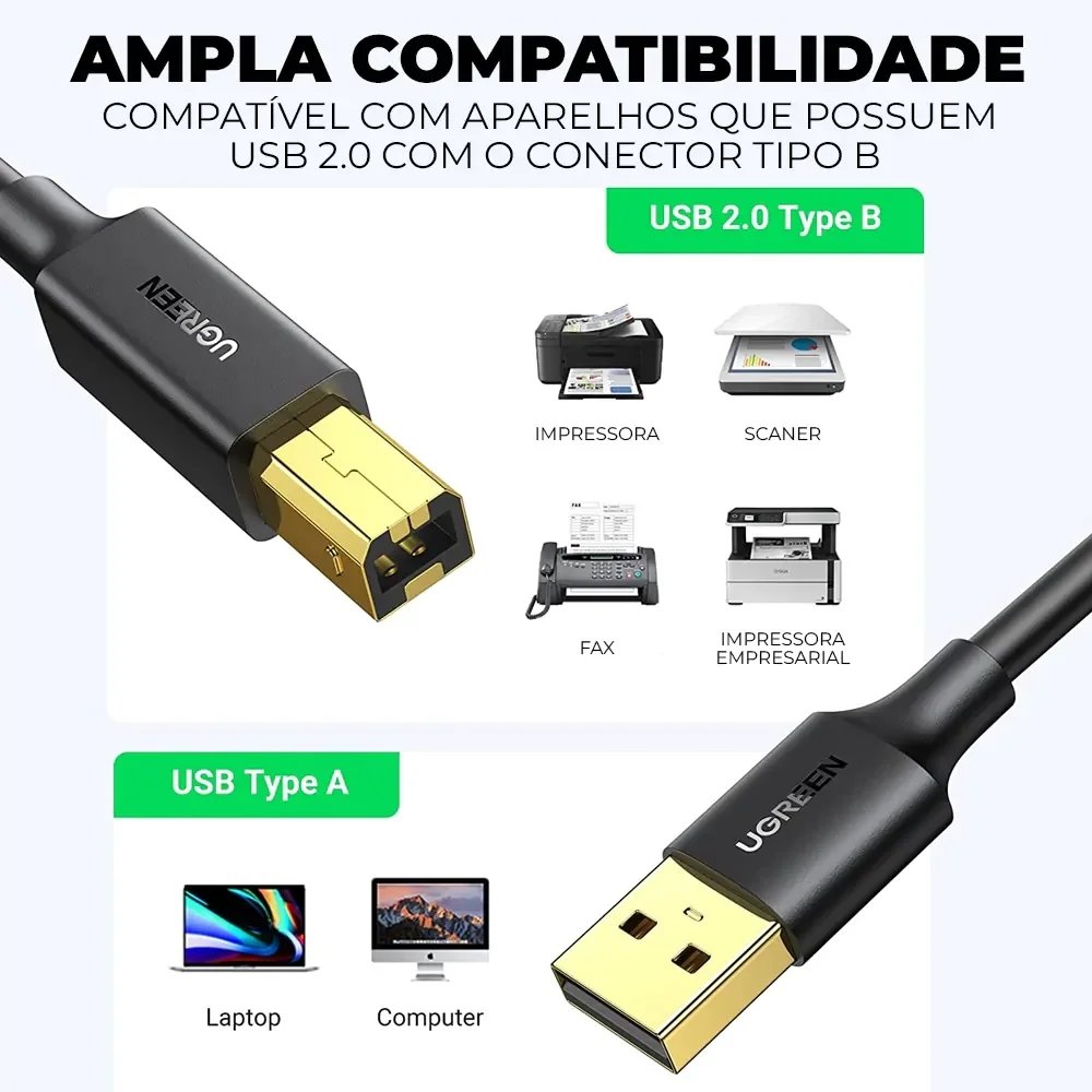 Imagem 5 de 5 do produto Ugreen Cabo Usb B 2.0 Impressora Universal Hp Epson 1.5m