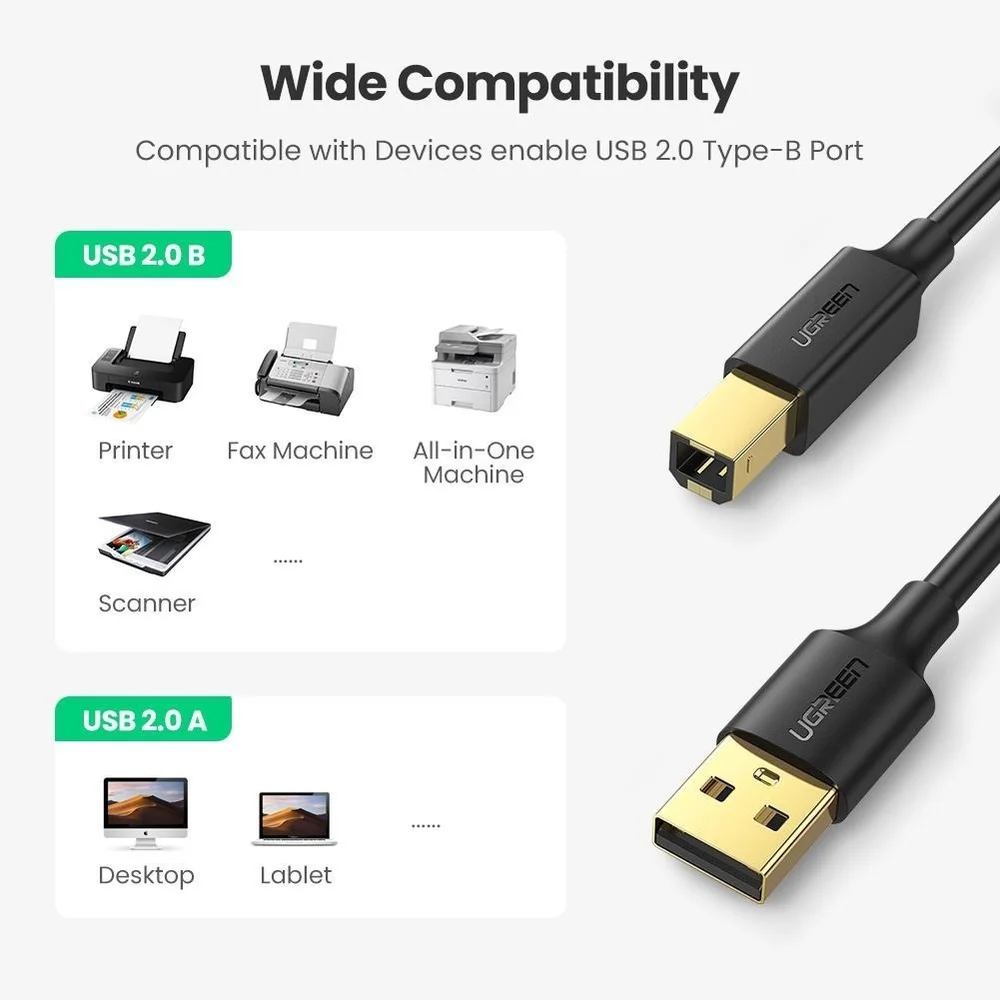 Imagem 2 de 5 do produto Ugreen Cabo Usb B 2.0 Impressora Universal Hp Epson 3m
