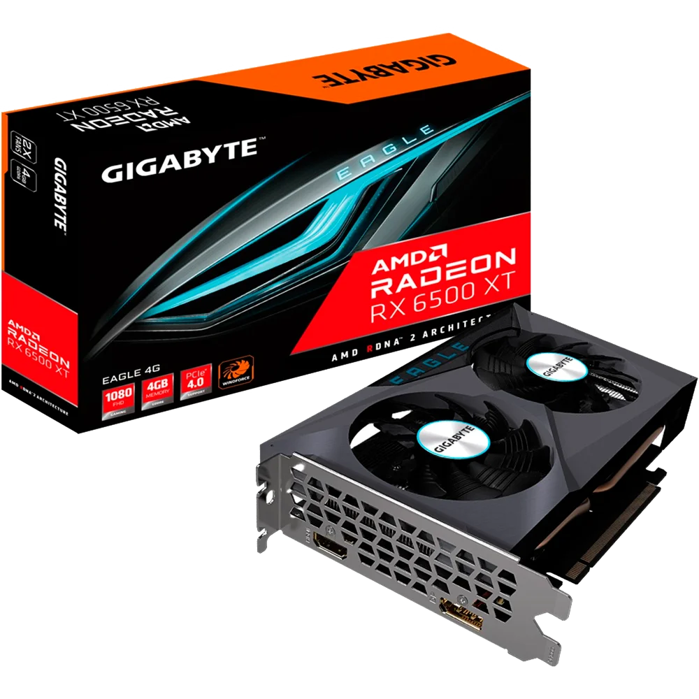 Placa de Vídeo Gigabyte AMD Radeon RX 6500 XT Eagle, 4GB GDDR6, FSR, Ray Tracing - GV-R65XTEAGLE-4GD Placa de Vídeo Gigabyte AMD Radeon RX 6500 XT Eagle, 4GB GDDR6, FSR, Ray Tracing - GV-R65XTEAGLE-4GD