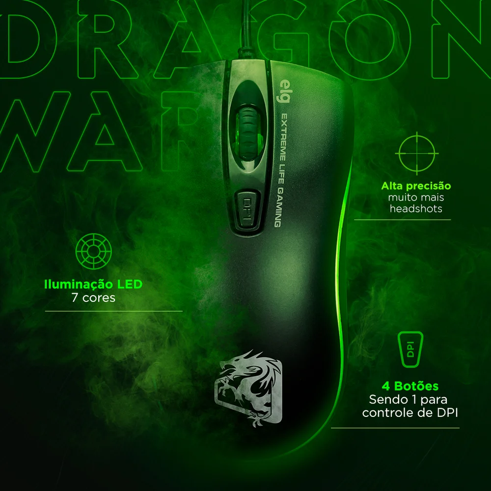 Imagem 2 de 5 do produto Mouse Gamer Dragon War, 2400 Dpi, LED 7 Cores, 4 Botões, Cabo Nylon 1,5 Metros, Usb, Preto, Mgdw, Elg