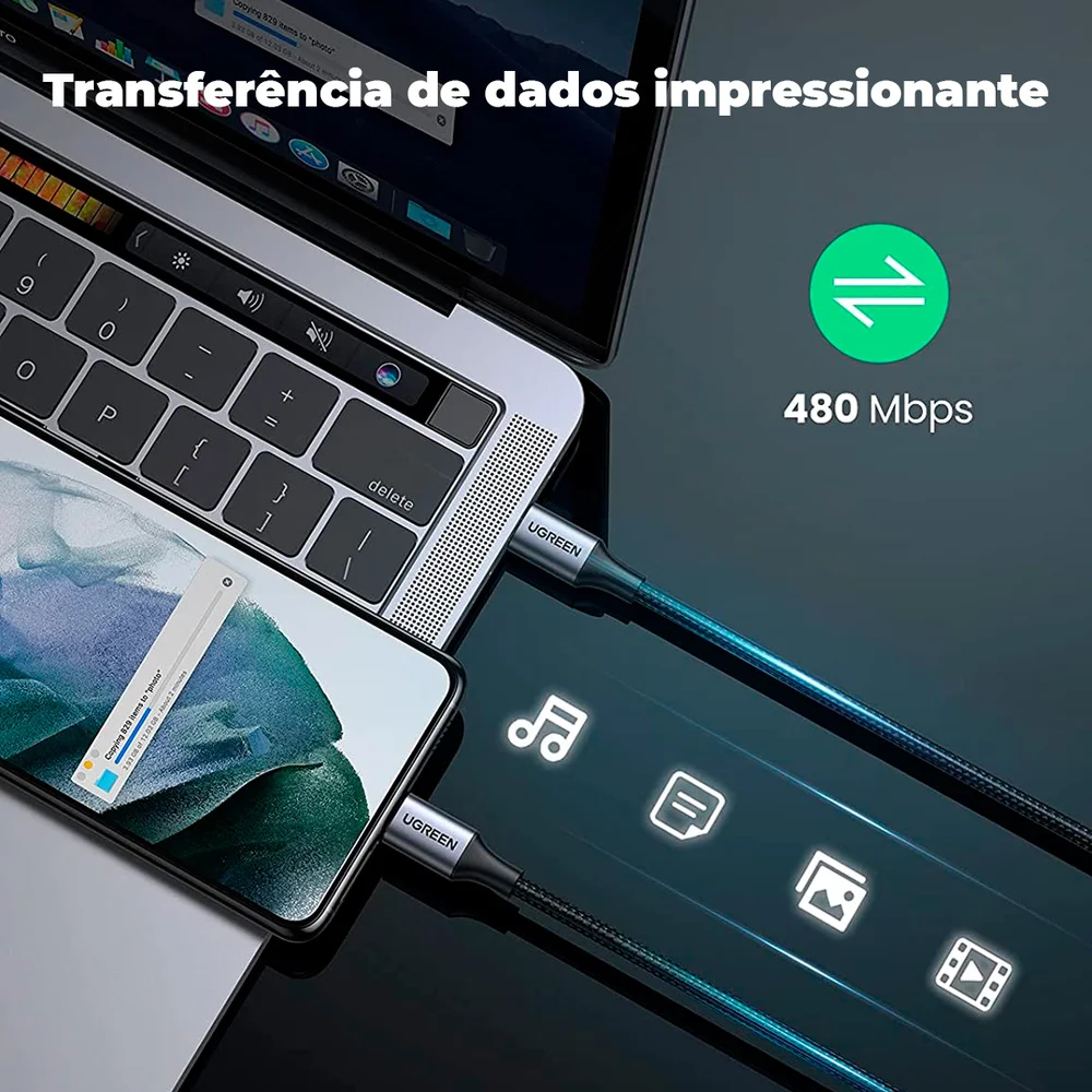Imagem 3 de 5 do produto Cabo USB C Macho Ugreen Carregador Celular 60w Premium 2m