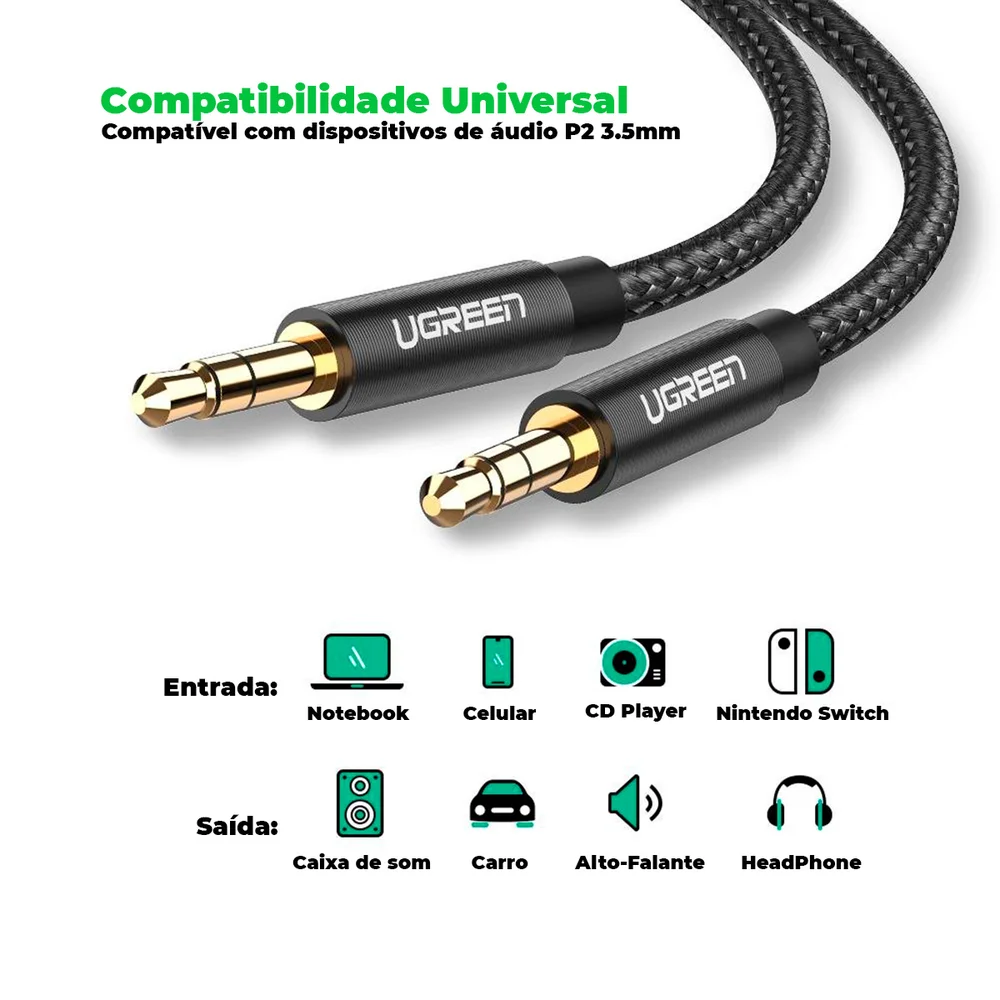 Imagem 4 de 5 do produto Cabo De Áudio Ugreen Av112 P2 3.5mm Macho 1m Preto