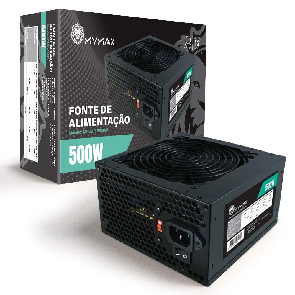 Fonte Mymax ATX, 500W Real, Bivolt Manual, 24 Pinos, Cabo Incluso
