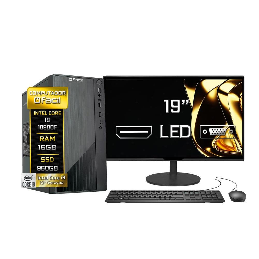 Computador Completo Fácil, Intel Core I9-10900f, 16GB, SSD 960GB, Geforce Nvidia, Windows 10 Trial + Monitor 19 LED + Mouse E Teclado