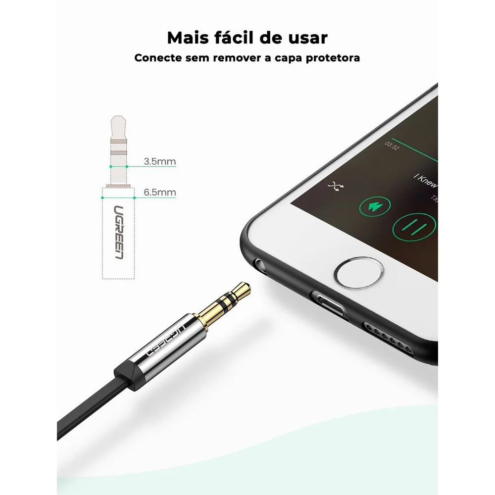 Imagem 3 de 5 do produto Cabo Flat Ugreen, 2m, Audio Auxiliar, P2-P2, 3.5mm - av119