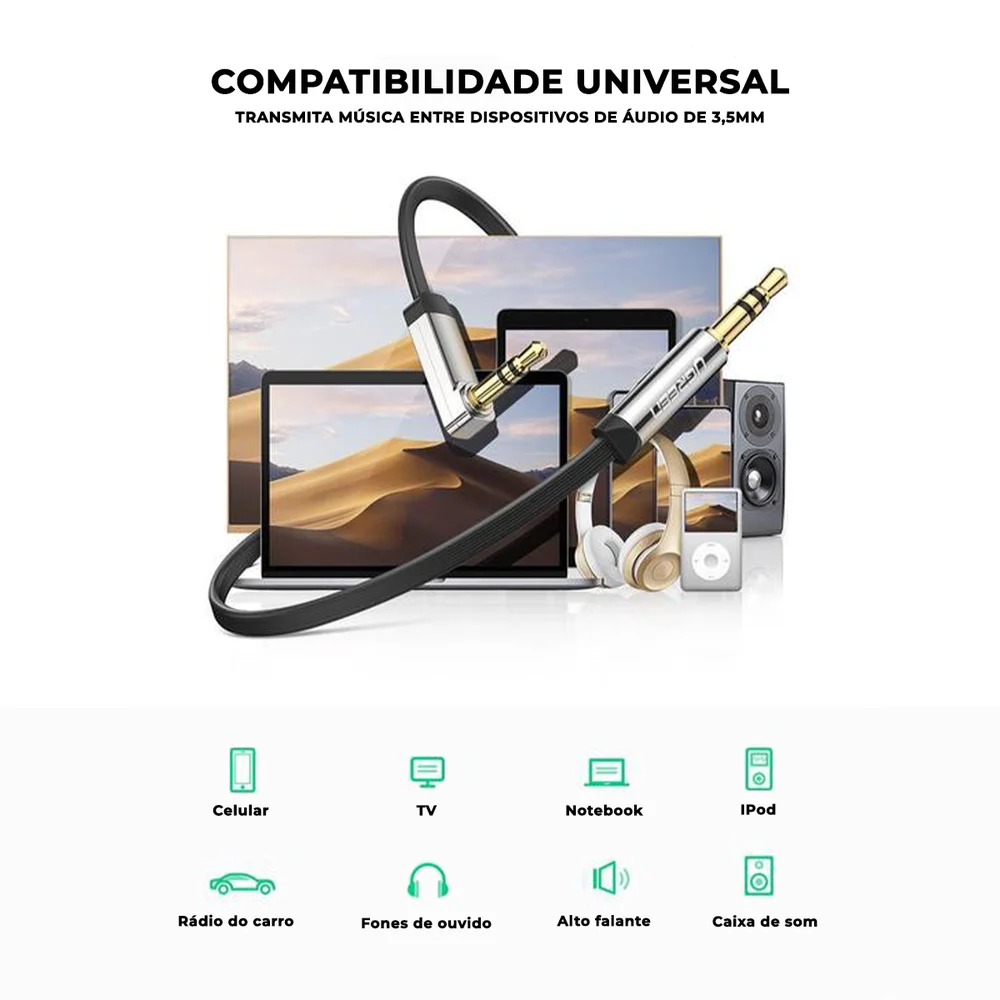 Imagem 4 de 5 do produto Cabo Flat Ugreen, 2m, Audio Auxiliar, P2-P2, 3.5mm - av119