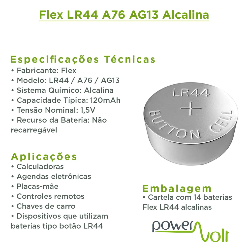 Kit Com 14 Baterias Flex Botão, 1.5V - FX-LR44/AG13
