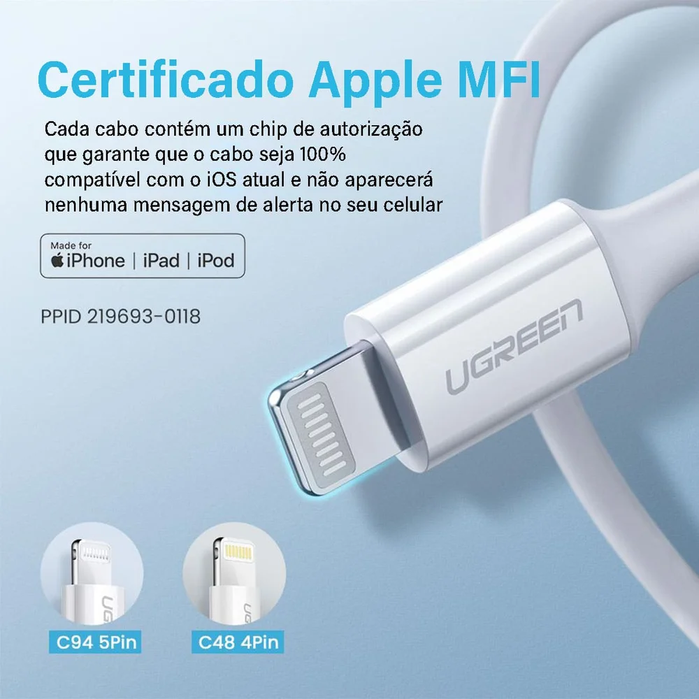 Imagem 3 de 5 do produto Ugreen Cabo Usb C Pd Lightning Apple Iphone Ipad Mfi 1m