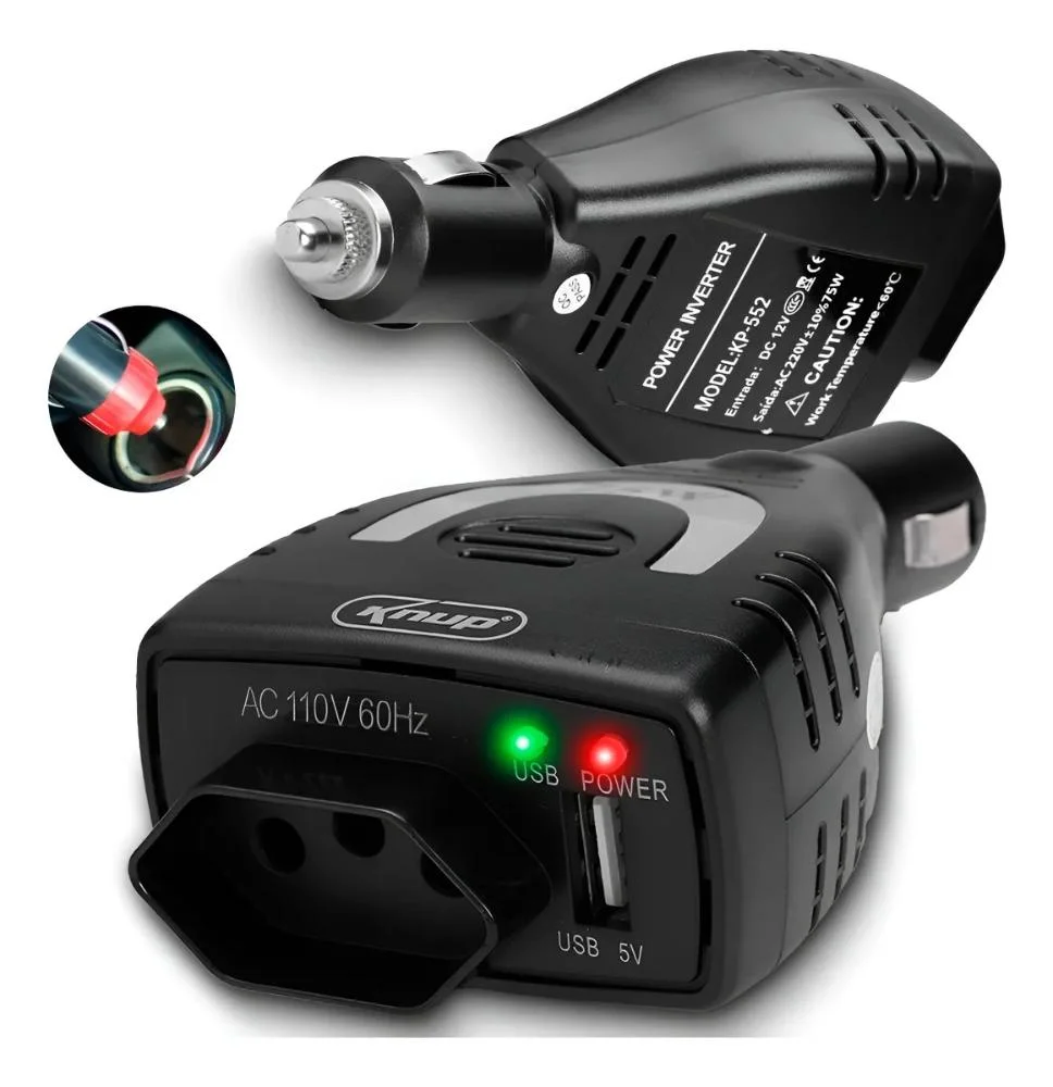 Conversor Inversor Veicular 75w Carro Acendedor 12v P/ 110v Knup Kp-552