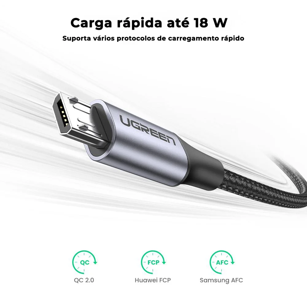 Imagem 2 de 5 do produto Cabo De Celular Ugreen Carga Rápida Turbo Micro USB V8 1m