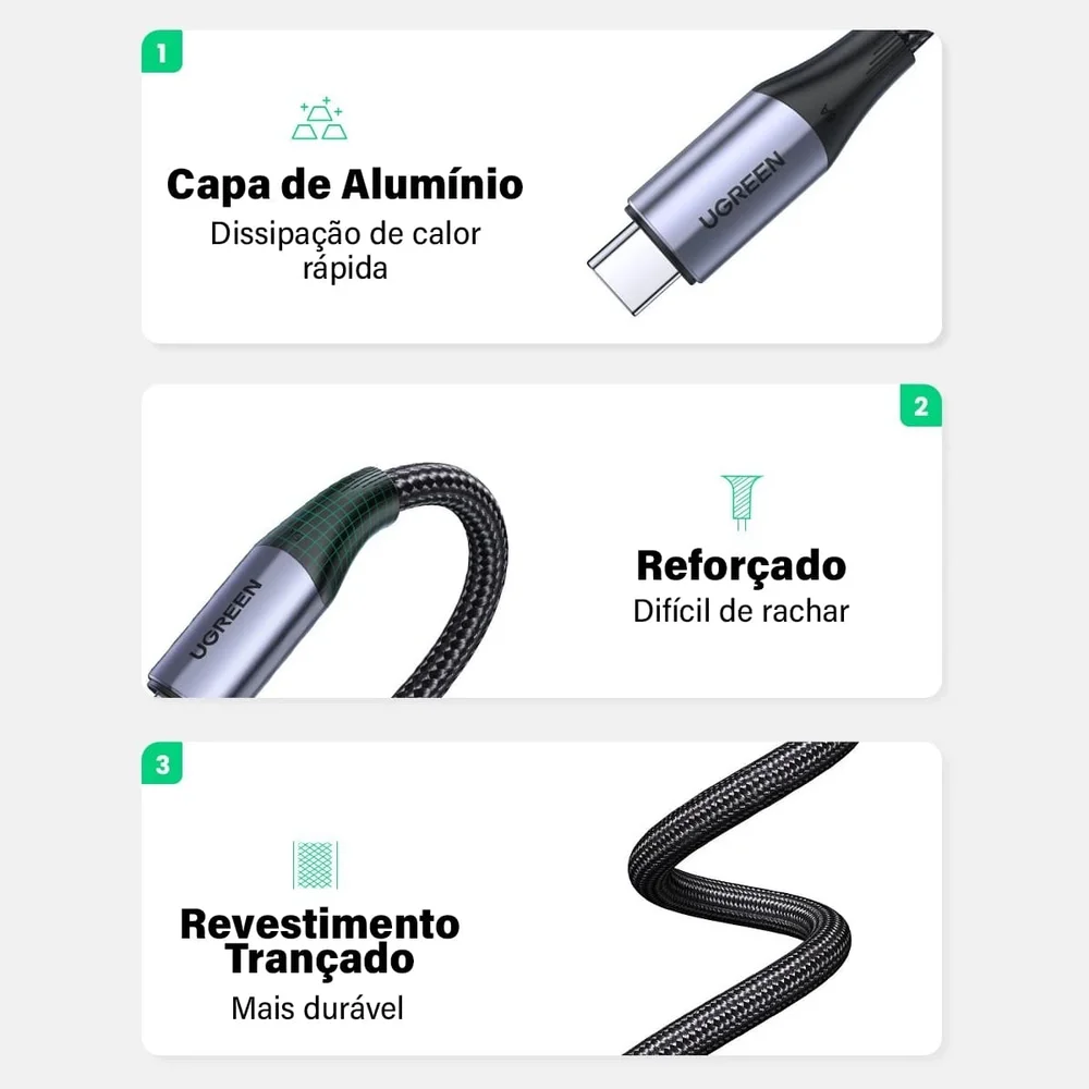 Imagem 3 de 5 do produto Ugreen Cabo Usb C 3.1 Gen2 Macho Macho 10GBps 5a 1m