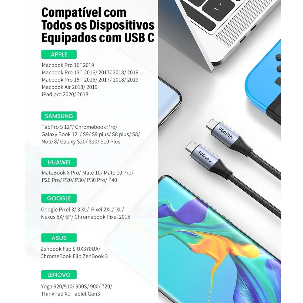Imagem 4 de 5 do produto Ugreen Cabo Usb C 3.1 Gen2 Macho Macho 10GBps 5a 1m