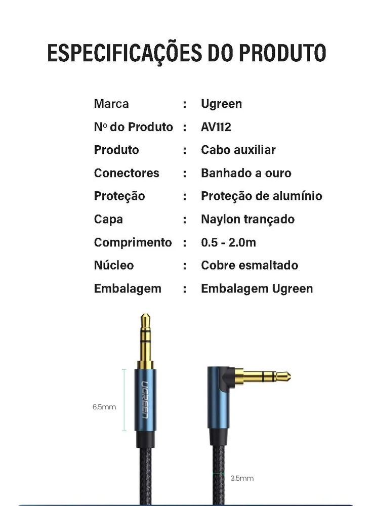 Imagem 3 de 5 do produto Cabo Audio Som Auxiliar P2 P2 90 Ugreen 3.5mm 1m