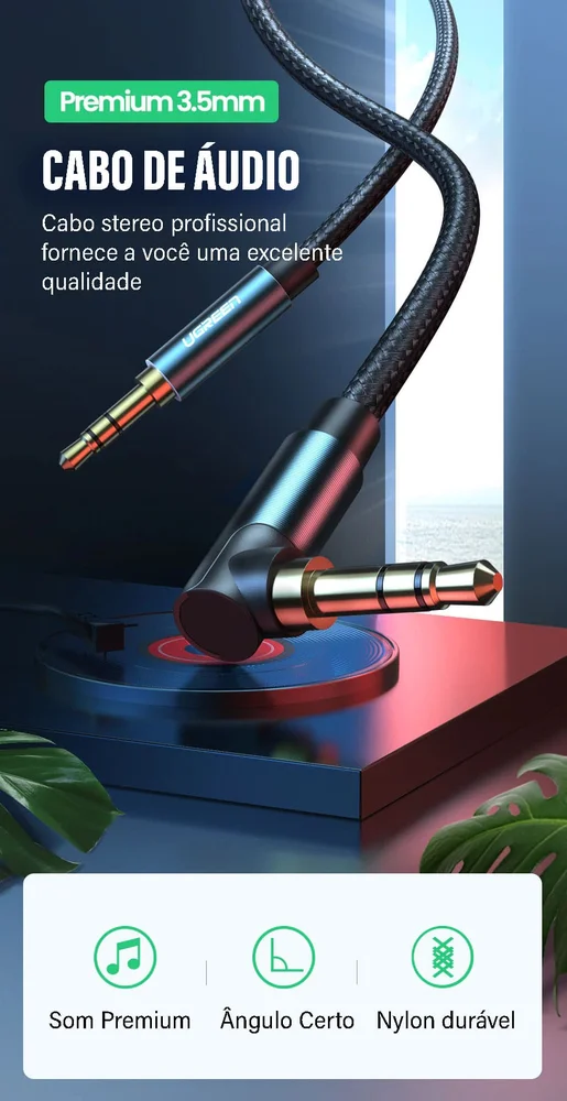 Imagem 3 de 5 do produto Cabo Audio Som Auxiliar P2 P2 90 Ugreen 3.5mm 2m
