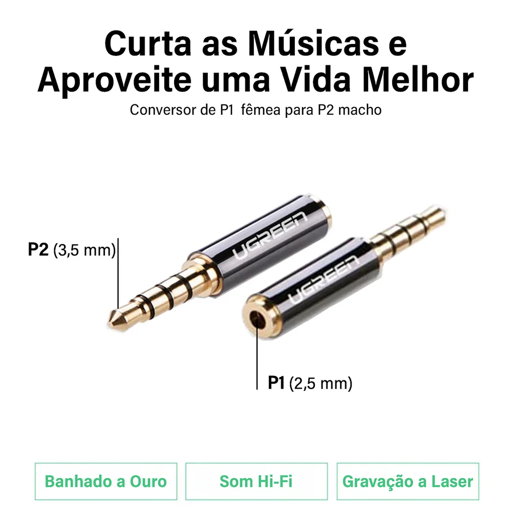 Imagem 2 de 5 do produto Ugreen Adaptador P1 2.5mm Fêmea Para P2 3.5mm Macho